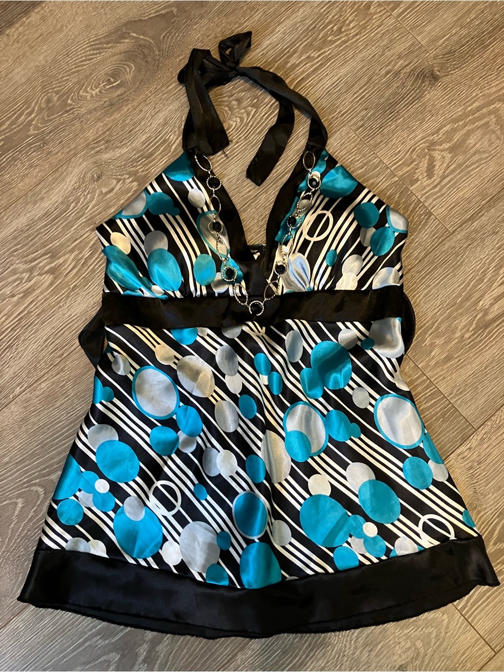 ✨Y2K✨VTG✨Vanity Neck Tie Halter Babydoll Patterned Top w Built in Necklace Sz L